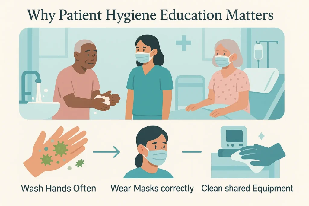 Educational poster showing diverse patients and healthcare staff in a Philadelphia hospital practicing handwashing and mask usage, with clear sections explaining germ transmission and simple hygiene tips in readable text. Calming colors, soft gradients, and accessible flat vector design enhance clarity.